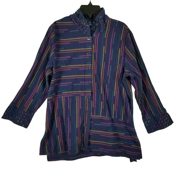 Habitat Clothes To Live In Womens Medium Blue Multi Stripe Ruffle Tunic 46440 - Picture 1 of 7
